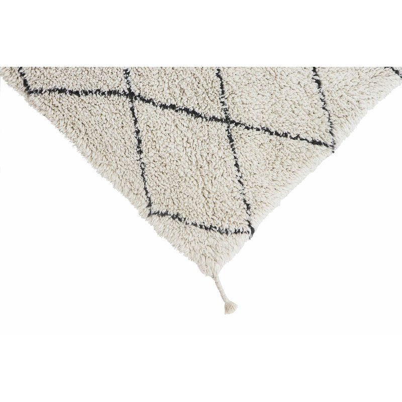 Handmade Rectangular Black and Beige Wool Cotton Rug