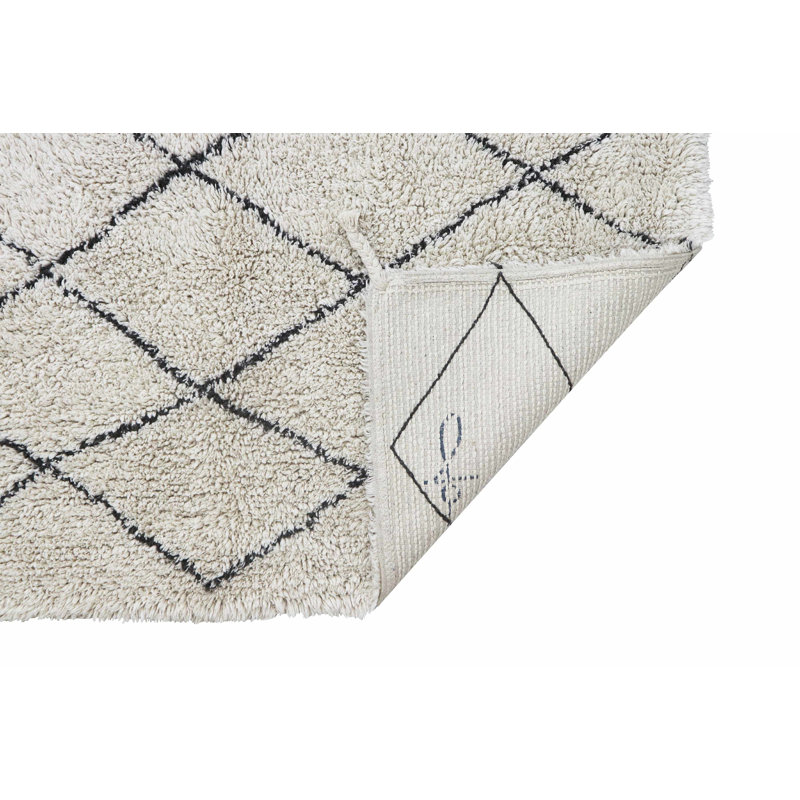 Handmade Rectangular Black and Beige Wool Cotton Rug