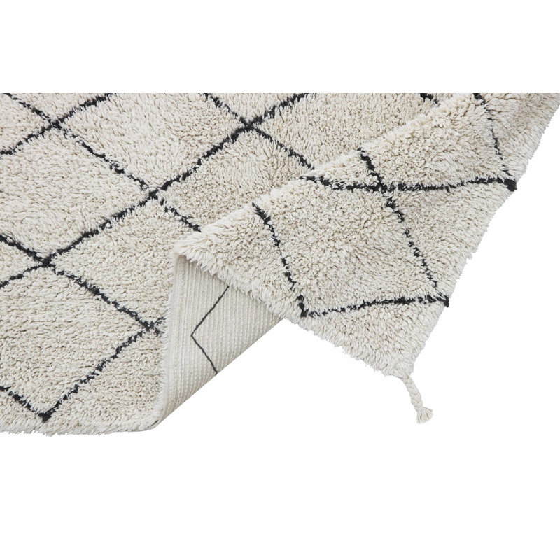 Handmade Rectangular Black and Beige Wool Cotton Rug