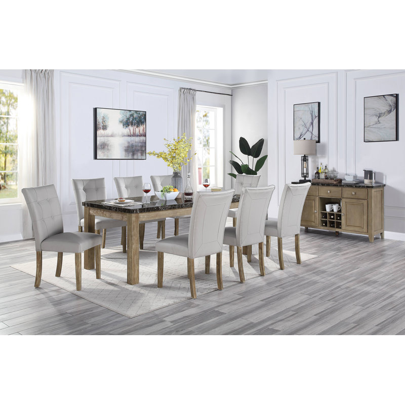 Transitional Oak and Marble Rectangular Dining Table