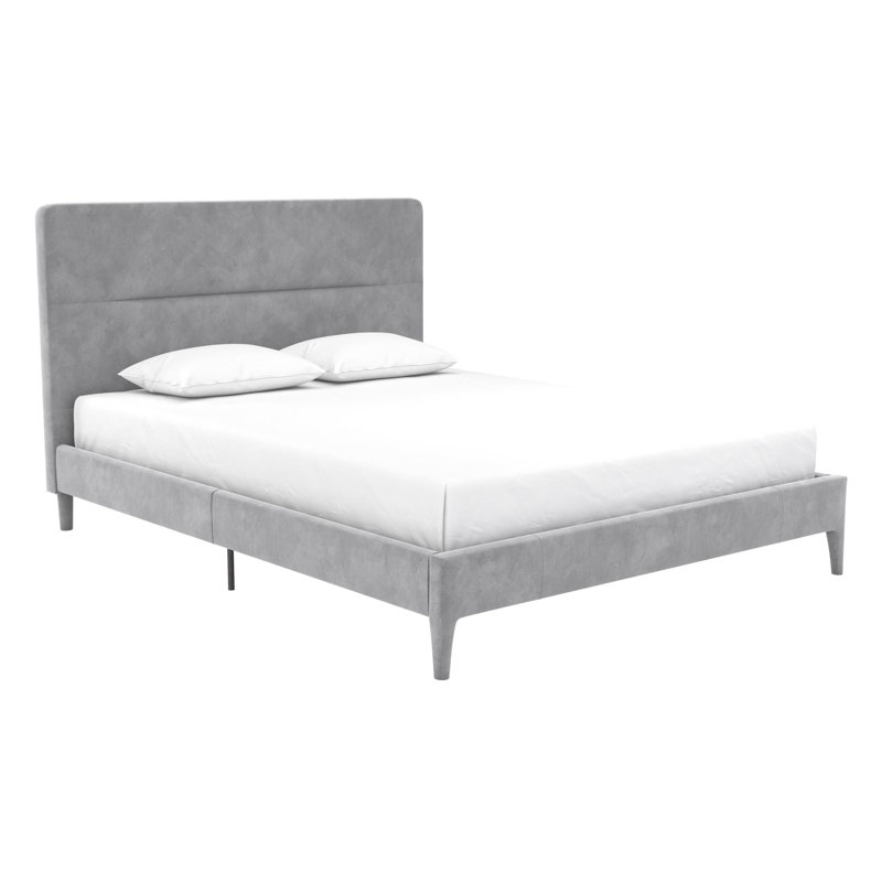 Full Light Gray Velvet Upholstered Platform Bed with Tufted Headboard
