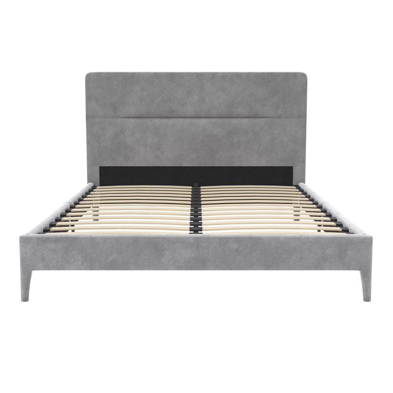 Full Light Gray Velvet Upholstered Platform Bed with Tufted Headboard