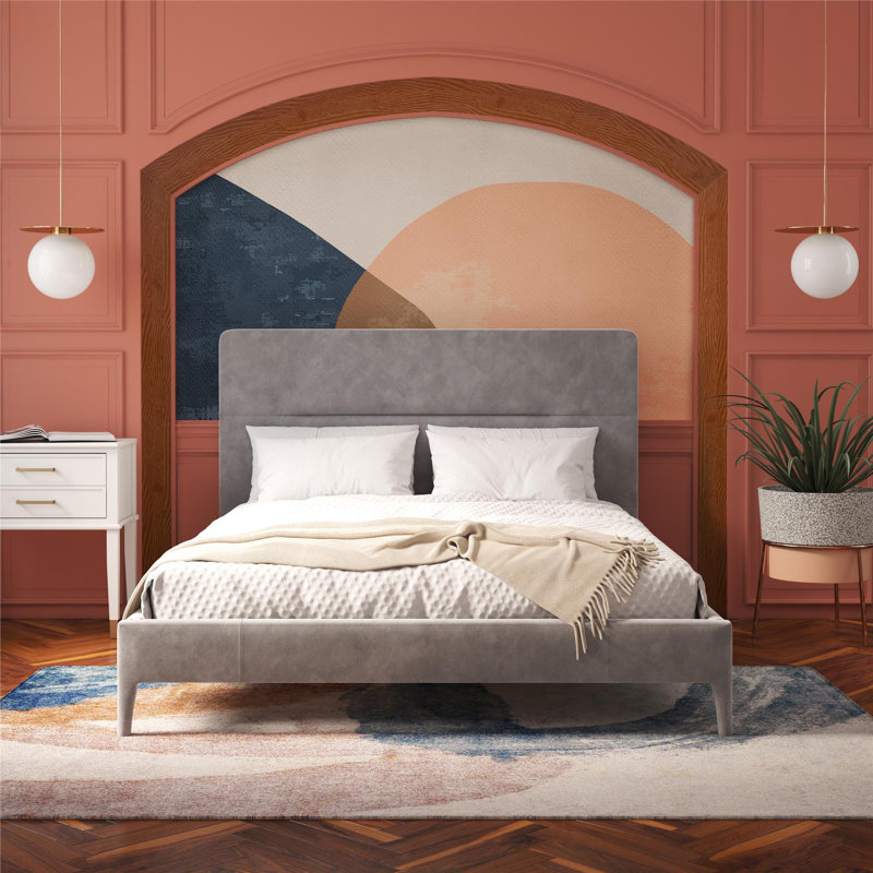 Full Light Gray Velvet Upholstered Platform Bed with Tufted Headboard