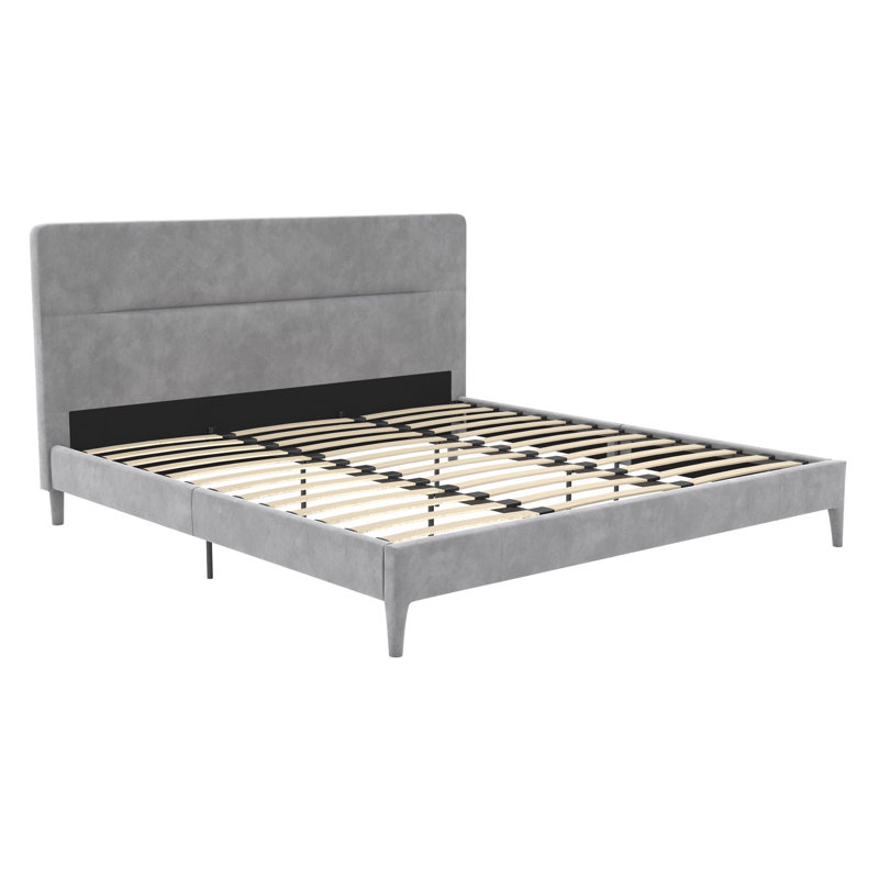 King-Size Light Gray Velvet Upholstered Bed with Minimalist Tufted Headboard