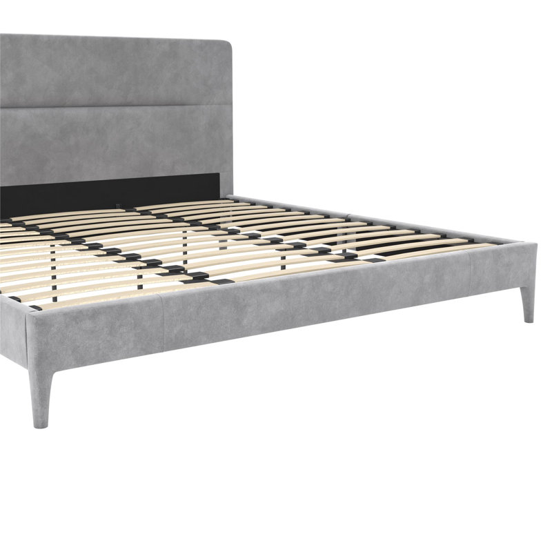 King-Size Light Gray Velvet Upholstered Bed with Minimalist Tufted Headboard