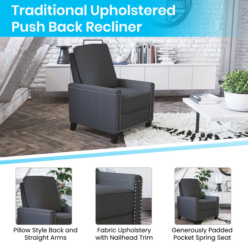 Gray Fabric Push Back Recliner with Nailhead Trim