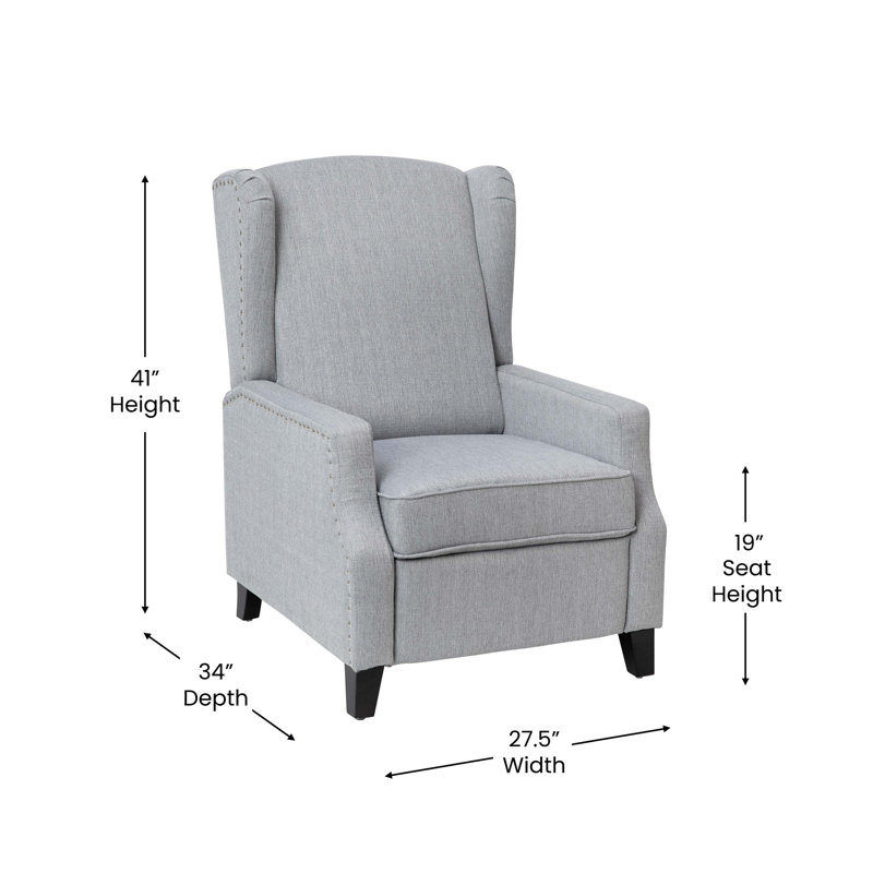 Modern Slim Silhouette Gray Recliner with Metal Nailhead Trim