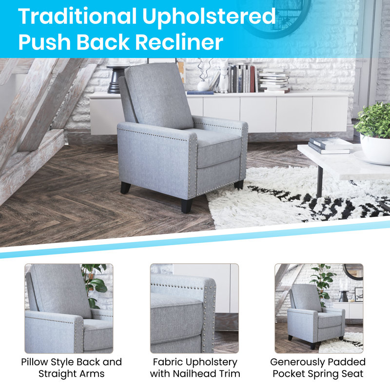 Carson Light Gray Fabric Push Back Recliner with Nailhead Trim