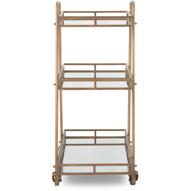 Elegant Antique Gold Rolling Bar Cart with Mirrored Shelves