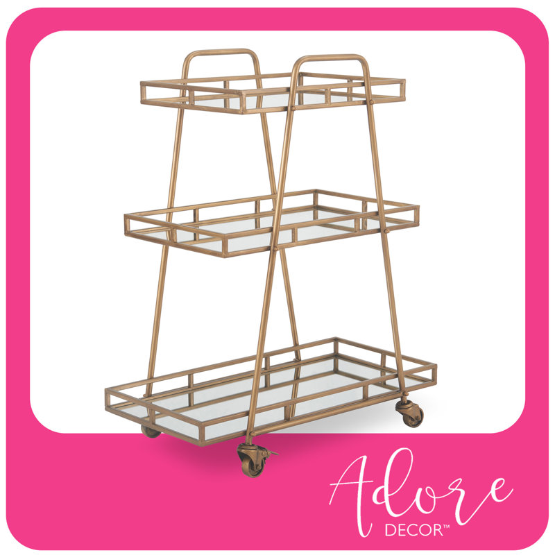 Elegant Antique Gold Rolling Bar Cart with Mirrored Shelves