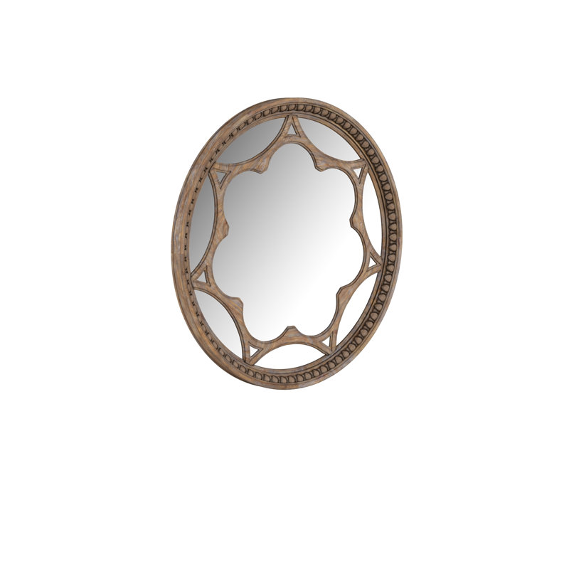 Transitional Round Brown Wood Wall Mirror