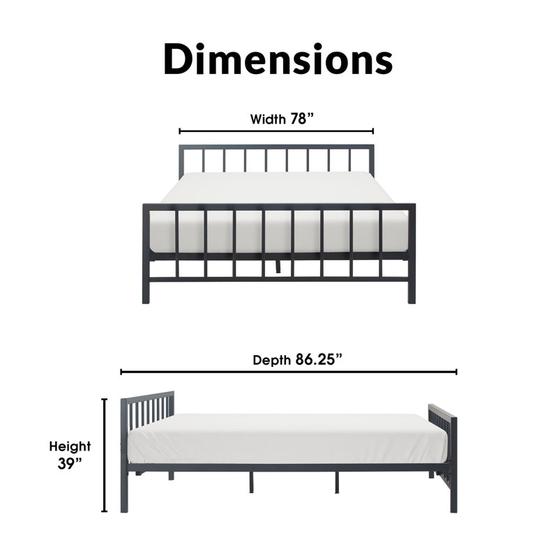 King Matte Black Metal Platform Bed Frame with Headboard and Slats