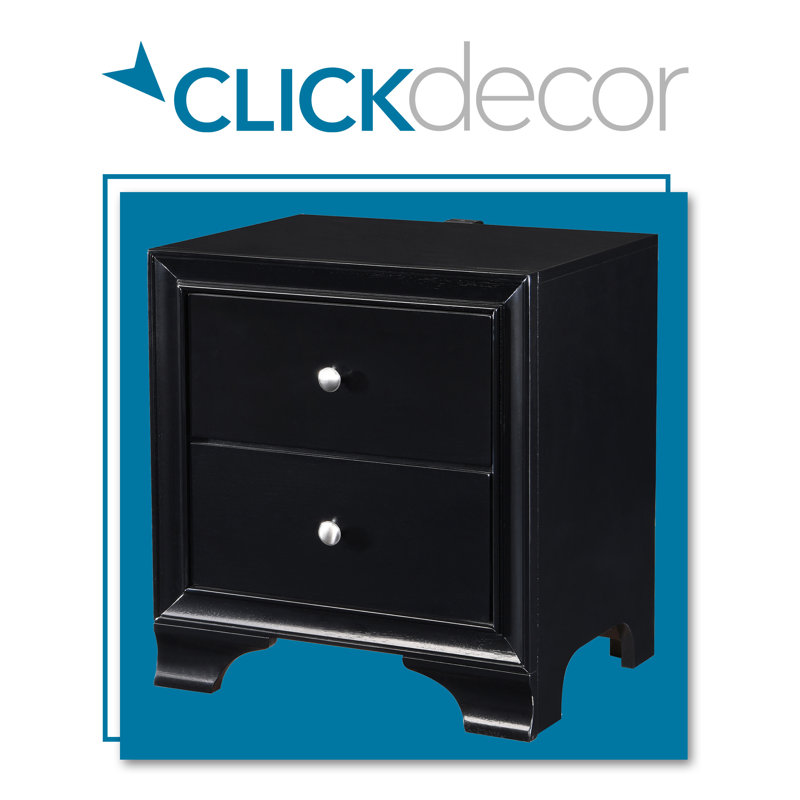 Black Wood 2-Drawer Nightstand with USB Ports
