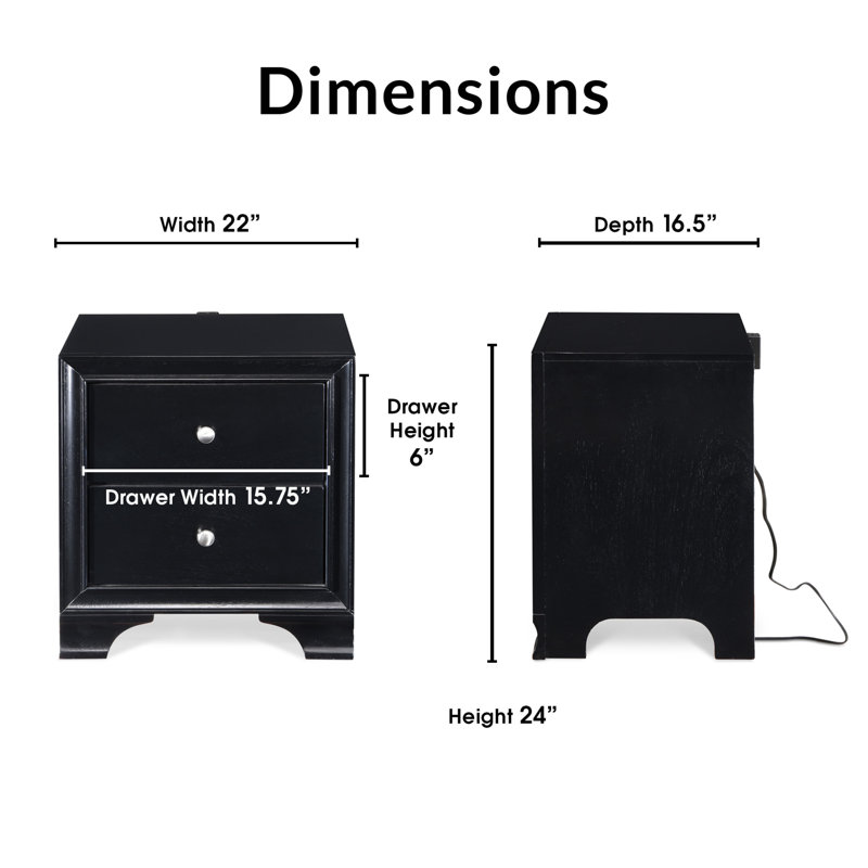 Black Wood 2-Drawer Nightstand with USB Ports