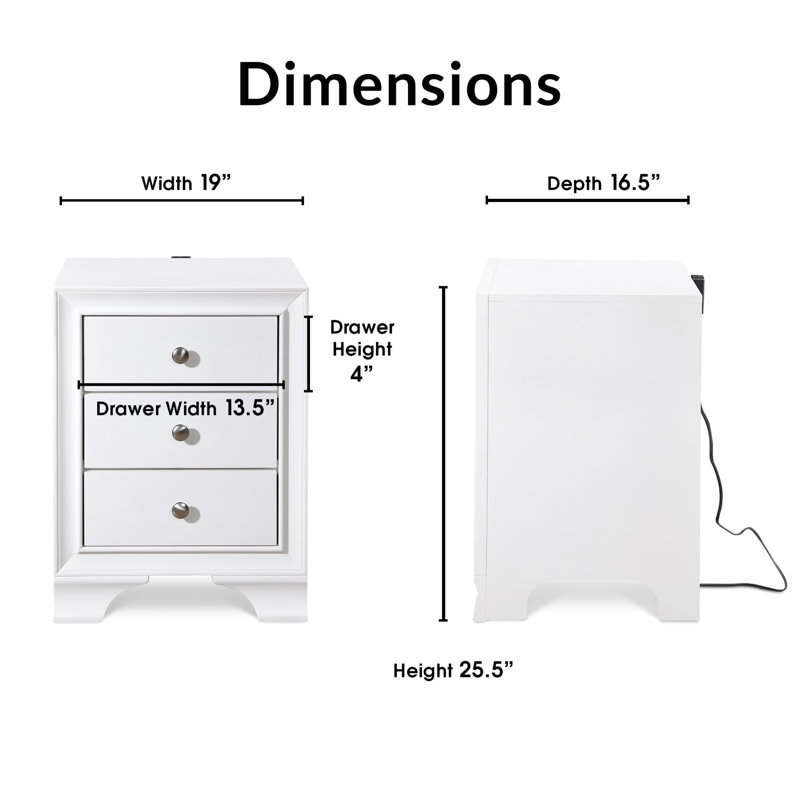 Edmond Traditional White 3-Drawer Nightstand with USB Charging
