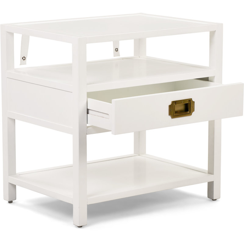 Contemporary White Wood and Brass Accent Side Table with Storage