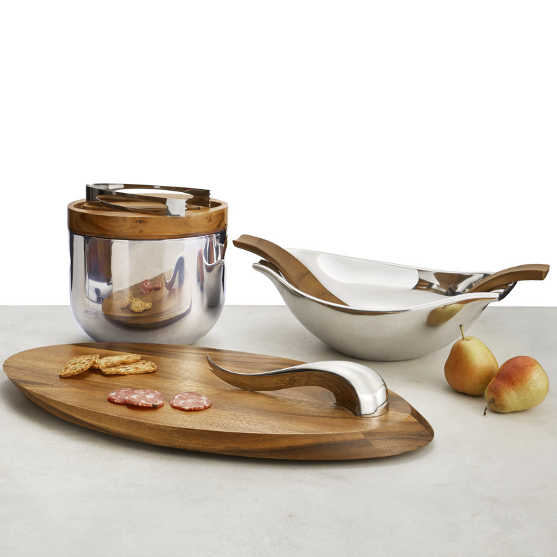 Modern Acacia Wood and Stainless Steel Cheese Board with Knife Set