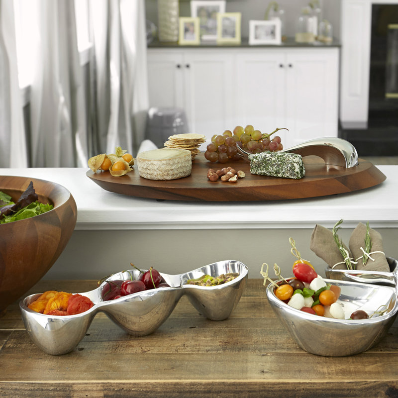 Modern Acacia Wood and Stainless Steel Cheese Board with Knife Set