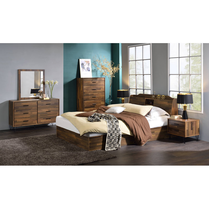 Hestia Midcentury Queen Bed with Upholstered Leather Headboard and Storage