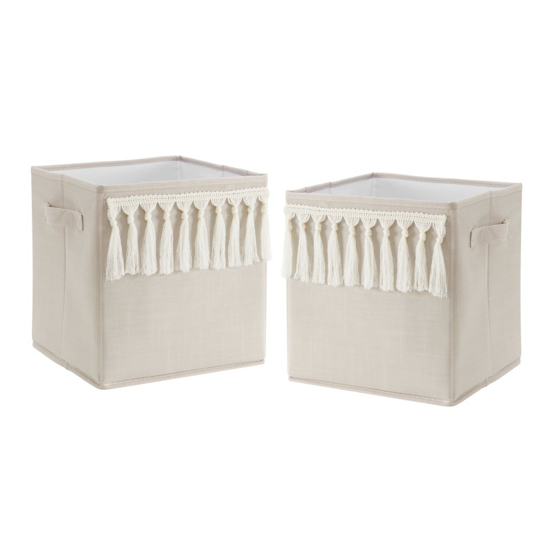 Taupe and Ivory Boho Fringe Foldable Fabric Storage Bins