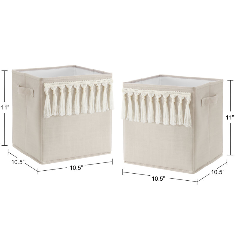 Taupe and Ivory Boho Fringe Foldable Fabric Storage Bins