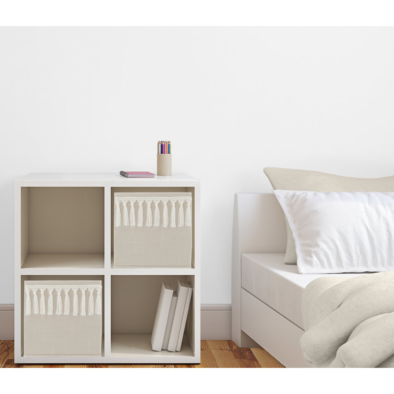 Taupe and Ivory Boho Fringe Foldable Fabric Storage Bins
