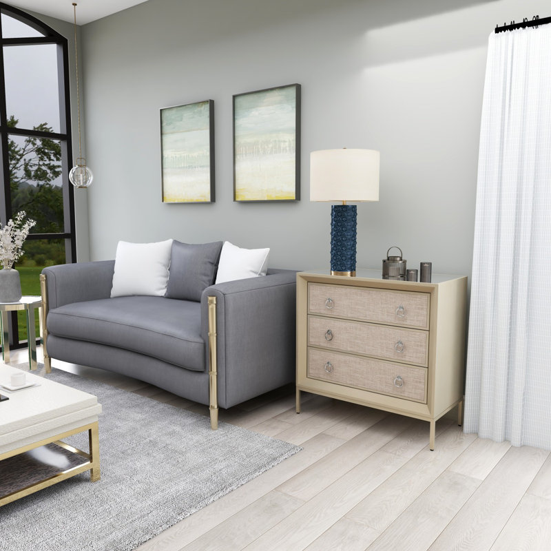Beige Upholstered 3 Drawer Chest with Mirrored Top and Ring Handles