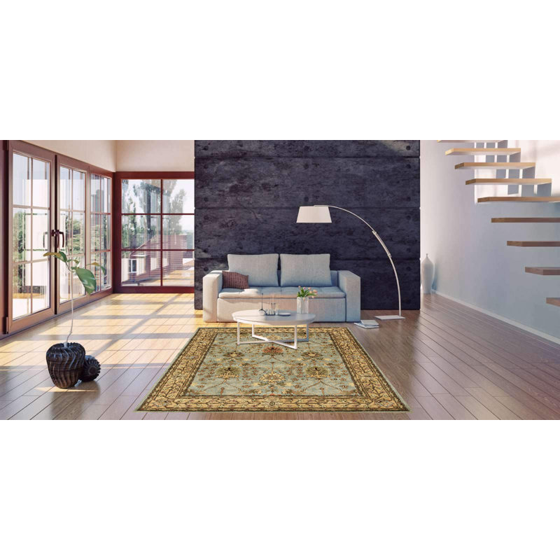 Handmade Blue Wool and Cotton Tufted Rectangular Rug