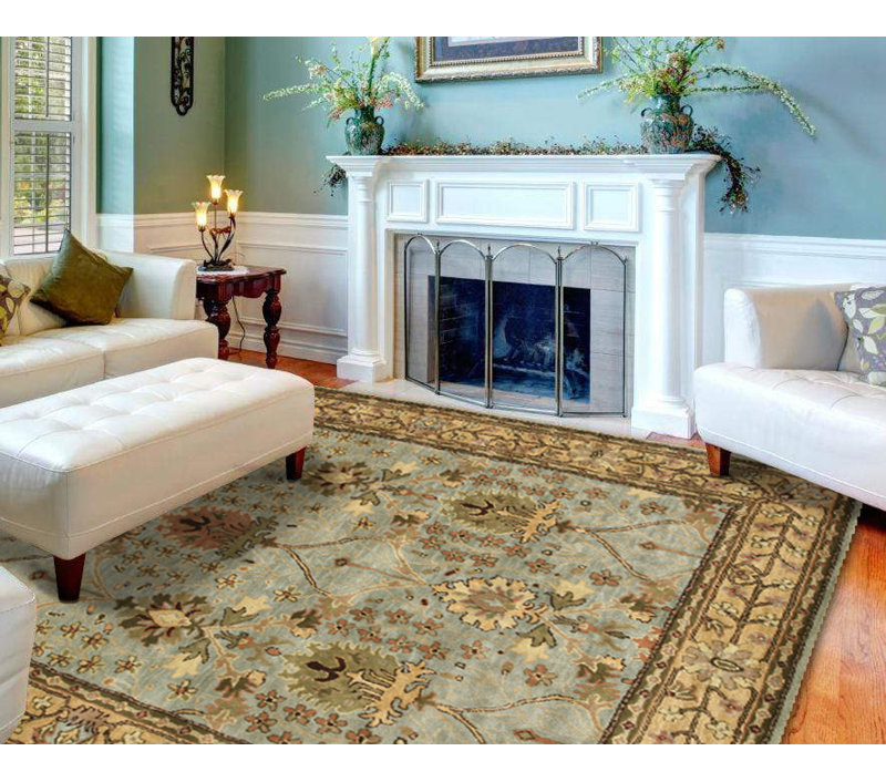 Handmade Blue Wool and Cotton Tufted Rectangular Rug