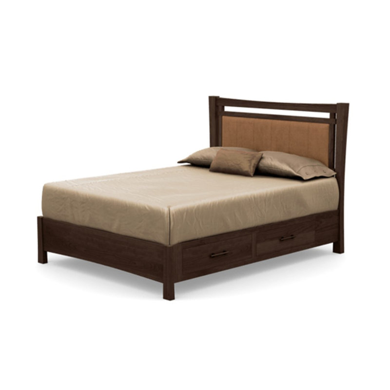 Queen Cognac Cherry Wood Frame Upholstered Storage Bed with Ebony Leather Headboard
