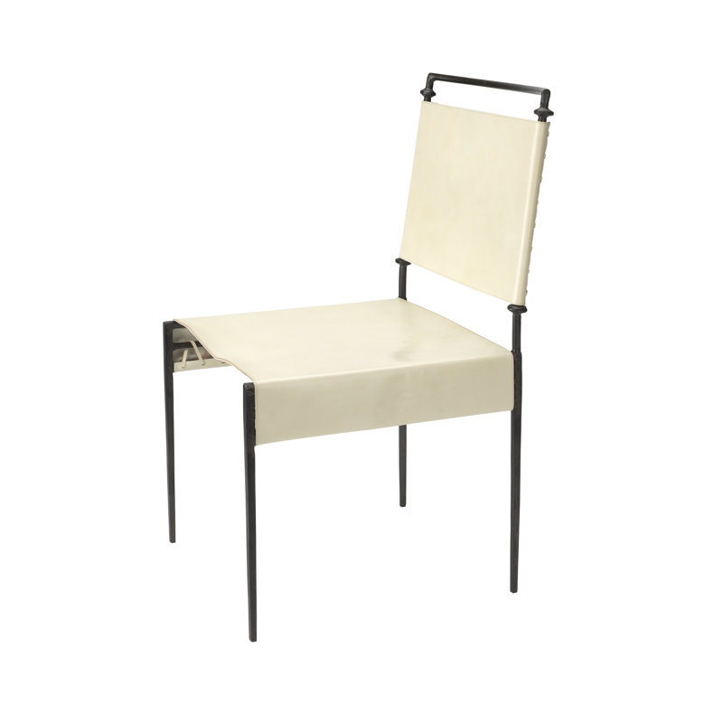 Off-White Leather and Metal Upholstered Side Chair