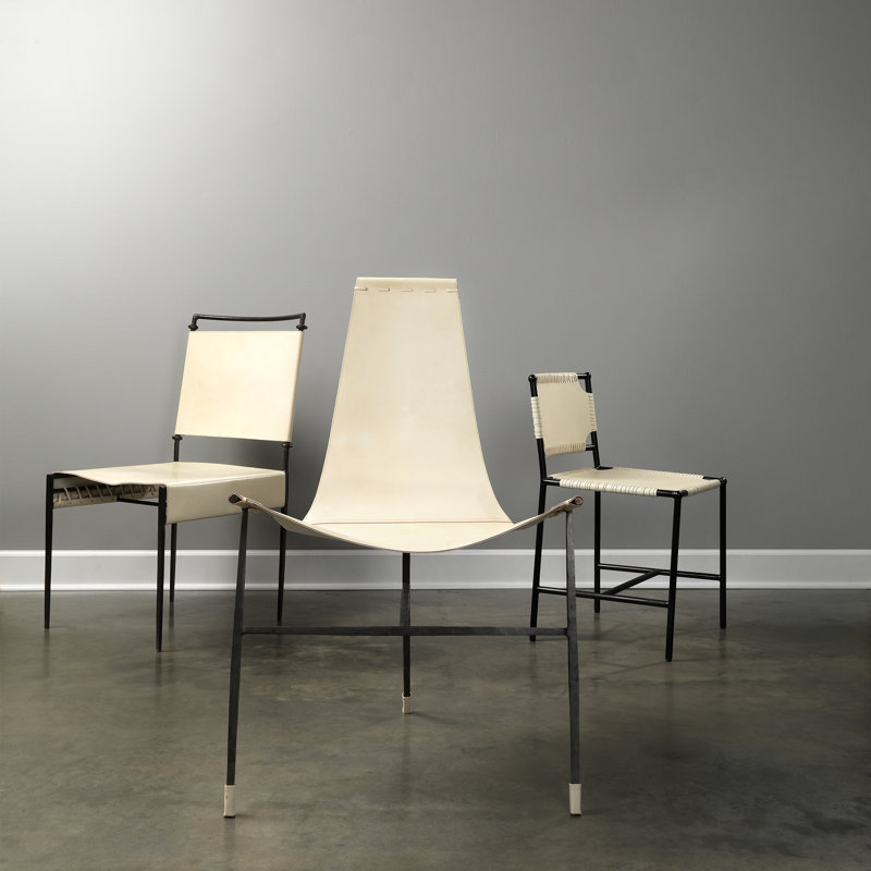 Off-White Leather and Metal Upholstered Side Chair