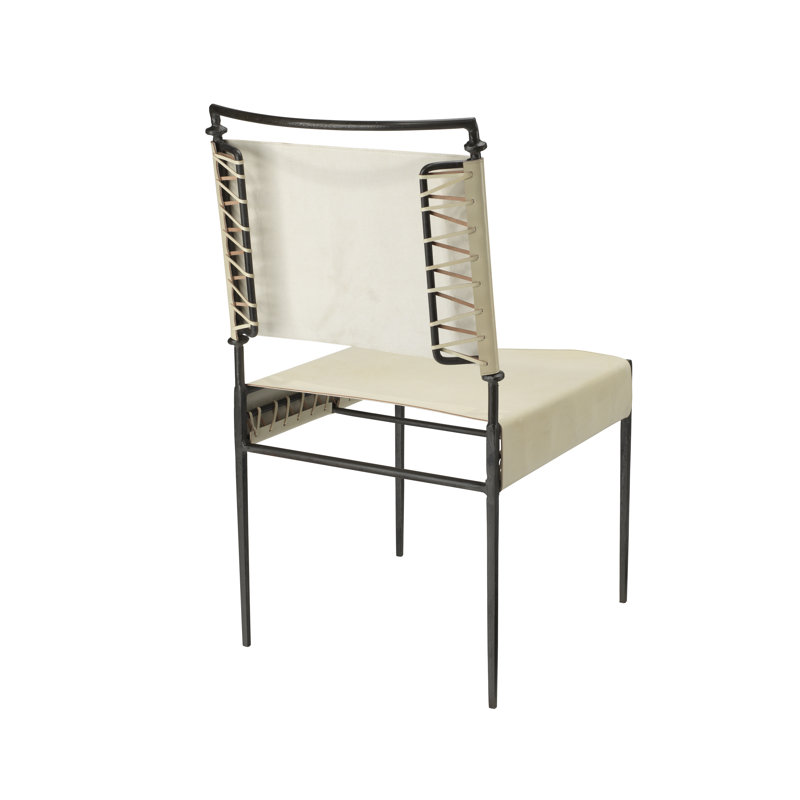 Off-White Leather and Metal Upholstered Side Chair