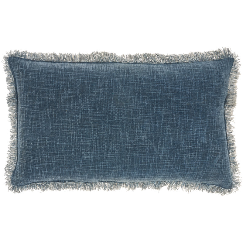 Navy Stonewash Fringed Cotton 14" x 24" Throw Pillow