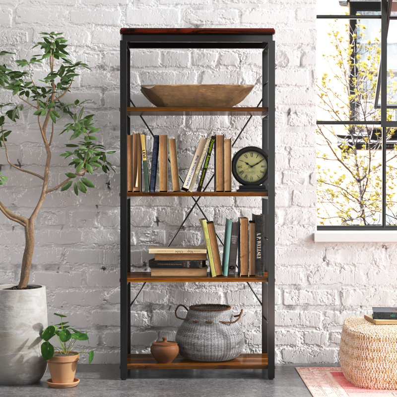 Industrial Oak Brown Bookshelf with Open Metal Frame and X-Shape Support