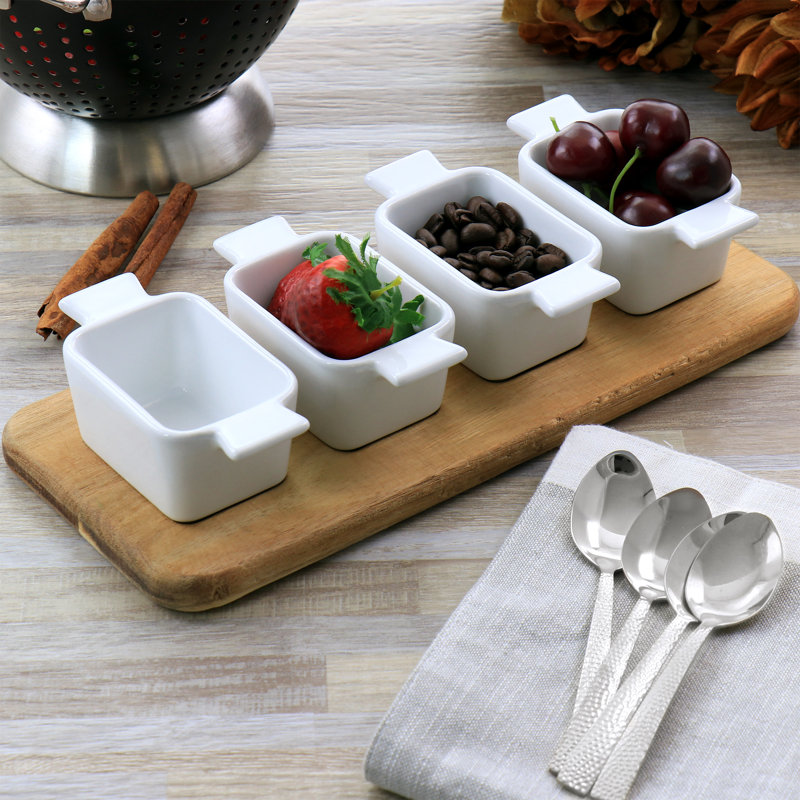 Elegant White Ceramic and Acacia Wood 5-Piece Tidbit Dish Set