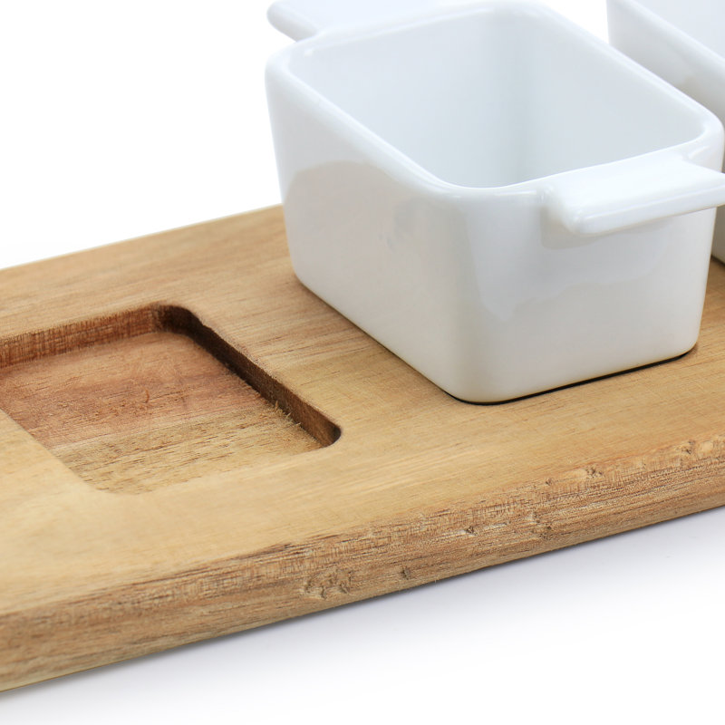 Elegant White Ceramic and Acacia Wood 5-Piece Tidbit Dish Set