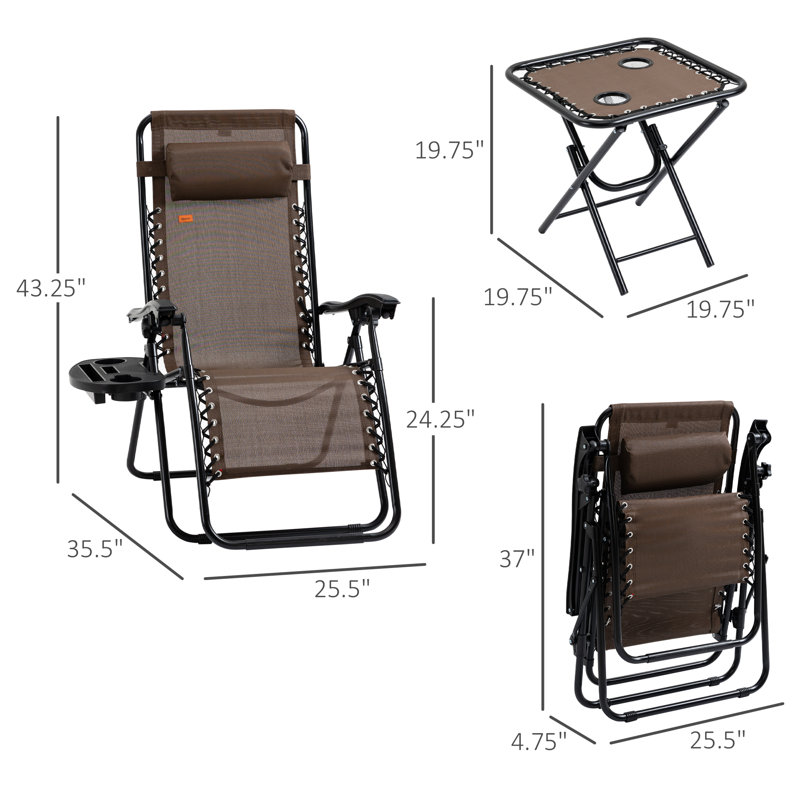 Brown Steel Mesh Folding Zero Gravity Lounger Chair Set with Table