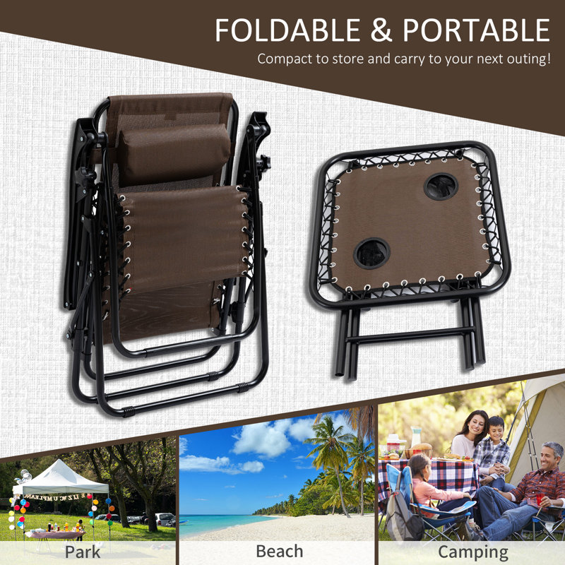 Brown Steel Mesh Folding Zero Gravity Lounger Chair Set with Table