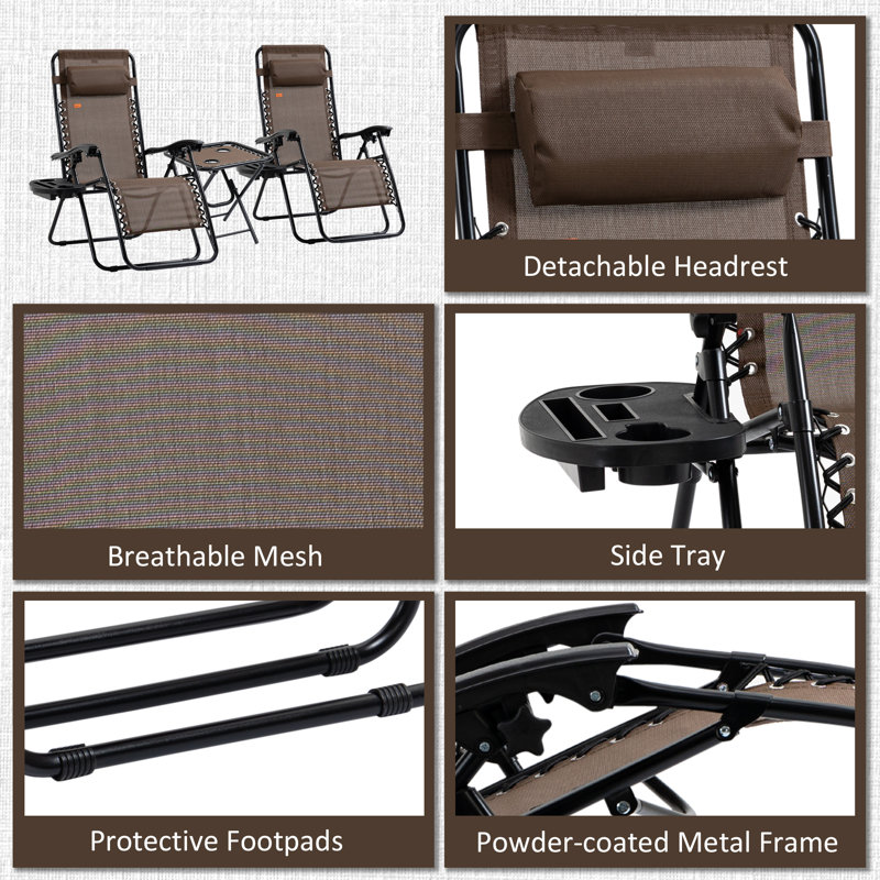 Brown Steel Mesh Folding Zero Gravity Lounger Chair Set with Table