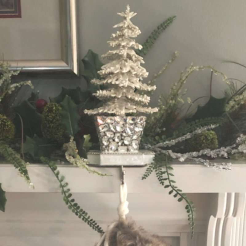 White Flocked Crystal Tree Stocking Holder with Pewter Base