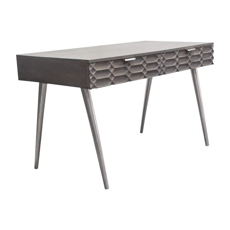 Petra Solid Mango Wood Desk with Nickel Accents, Smoke Grey