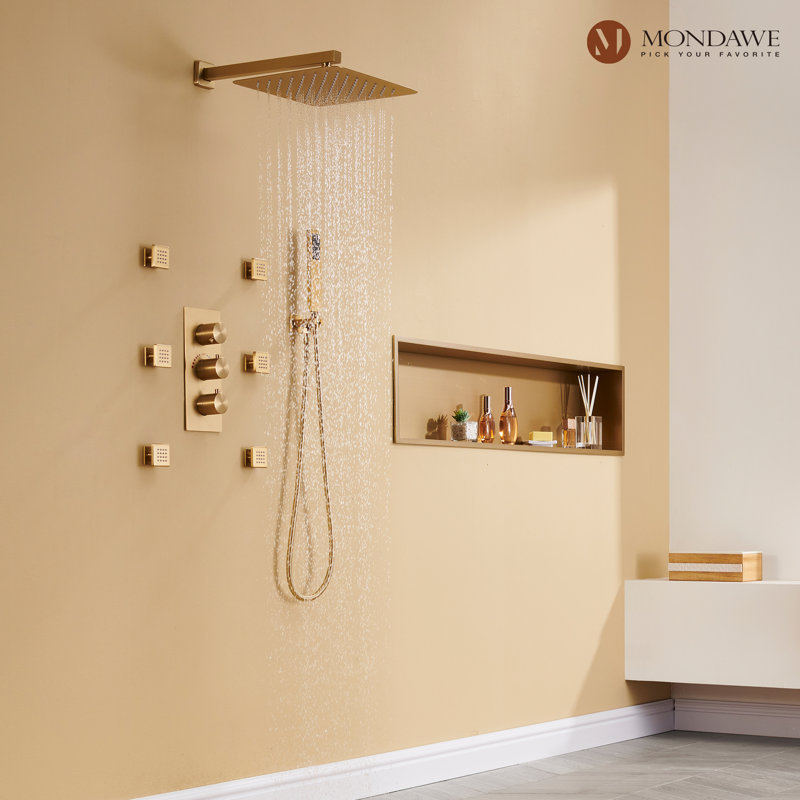 Brushed Gold Wall Mounted Rain Shower System with Handheld and Body Jets