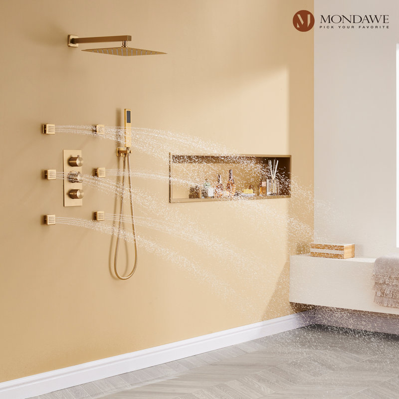 Brushed Gold Wall Mounted Rain Shower System with Handheld and Body Jets