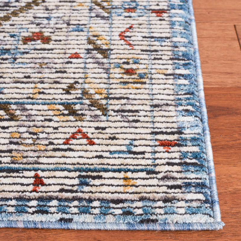 Ivory and Blue Non-Slip Wool Blend Area Rug - 7'9" x 10'5"