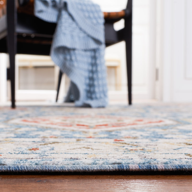 Ivory and Blue Non-Slip Wool Blend Area Rug - 7'9" x 10'5"