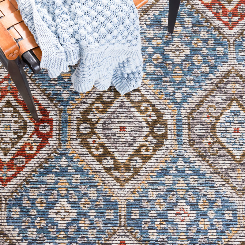 Ivory and Blue Non-Slip Wool Blend Area Rug - 7'9" x 10'5"