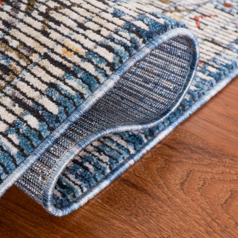 Ivory and Blue Non-Slip Wool Blend Area Rug - 7'9" x 10'5"