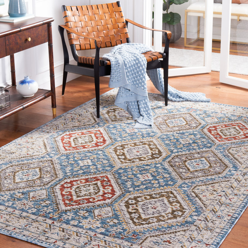 Ivory and Blue Non-Slip Wool Blend Area Rug - 7'9" x 10'5"