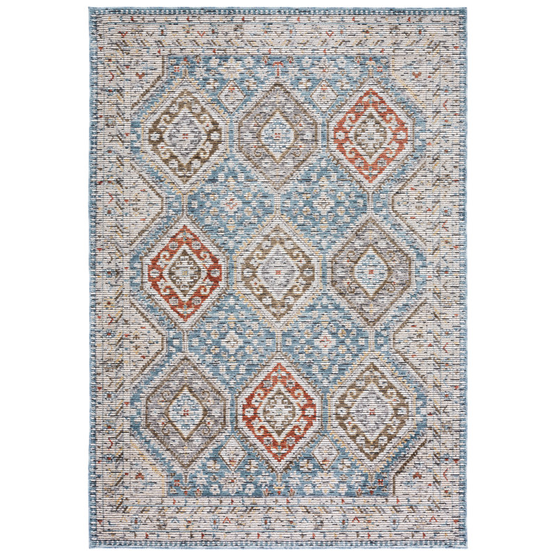 Ivory and Blue Non-Slip Wool Blend Area Rug - 7'9" x 10'5"